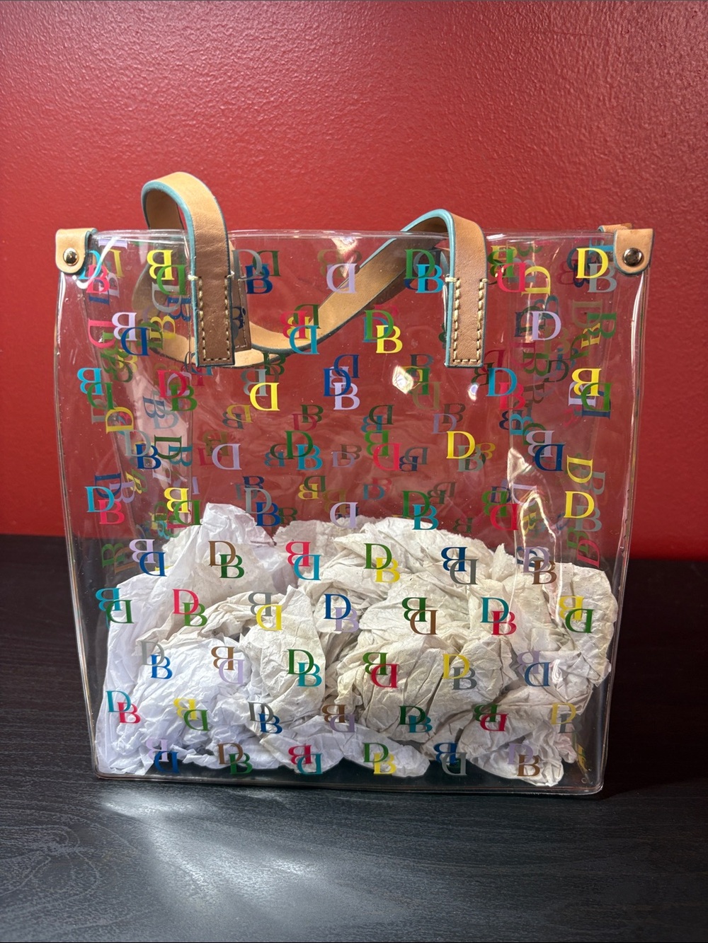 Dooney & Bourke Clear Logo Tote with Multicolor DB Print and Tan Handles